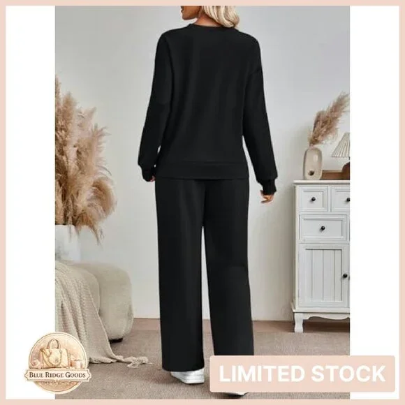 Oversized Sweatshirt Wide Leg Pants Lounge Set Chic Minimal Travel Outfit - Picture 5 of 7